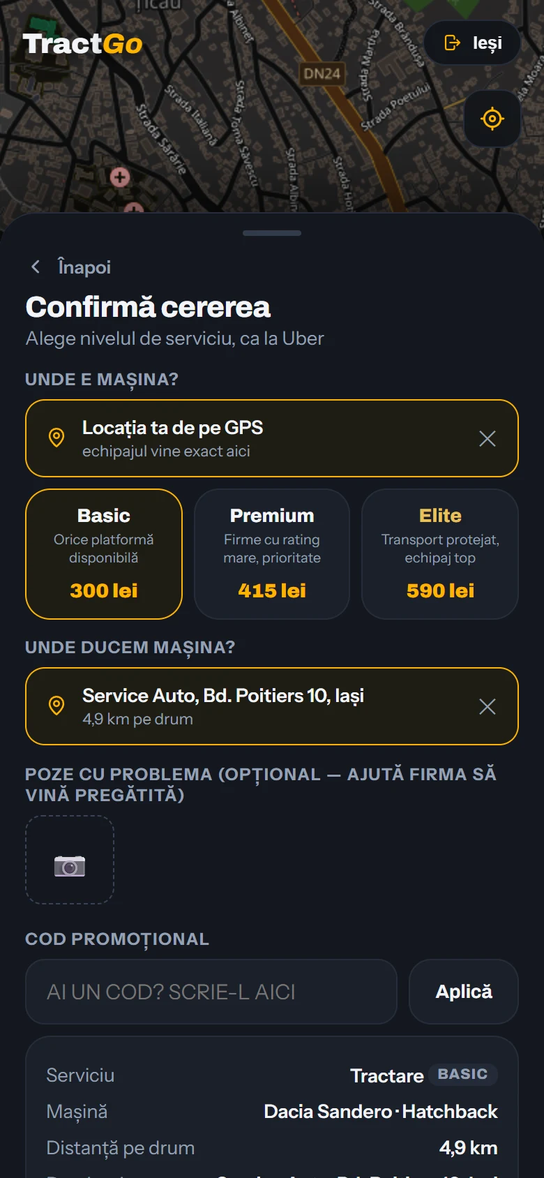 Ecranul de confirmare: tractare până la service, 5,1 km pe drum, 300 de lei la nivelul Basic