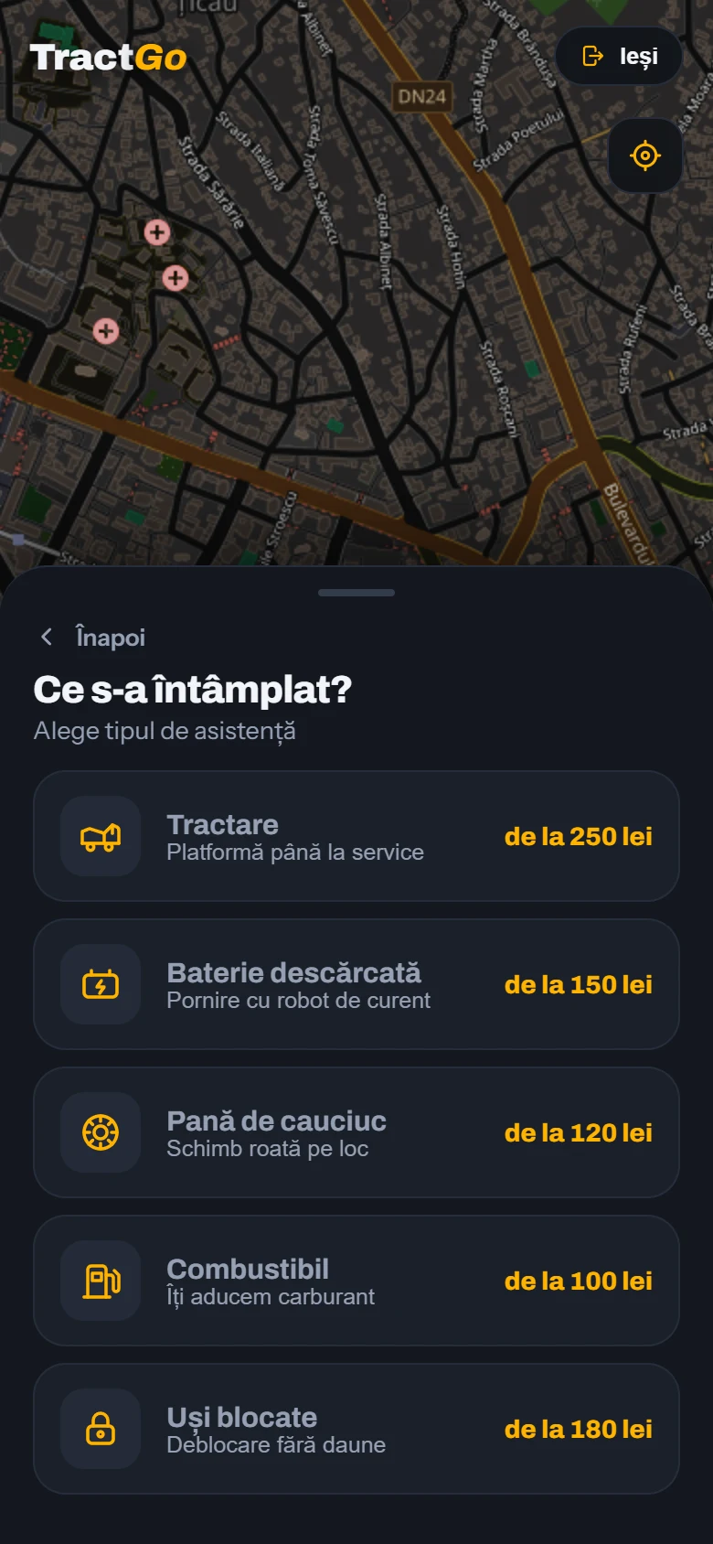 Ecranul „Ce s-a întâmplat?”: tractare de la 250 lei, baterie de la 150, pană de la 120, combustibil de la 100, uși blocate de la 180