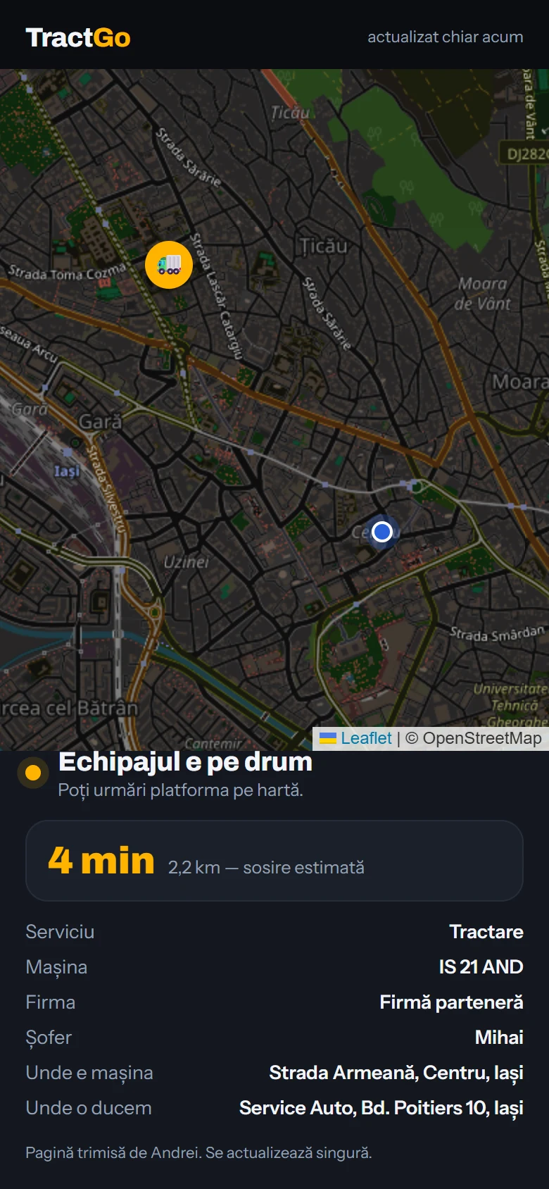 Pagina de urmărire trimisă familiei: echipajul e pe drum, 3 minute, cu firma, șoferul și destinația